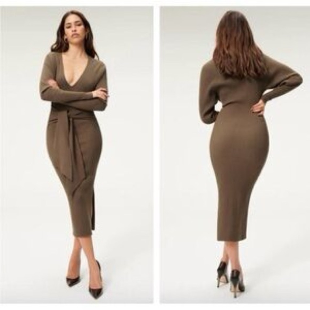 Good American Chocolate Brown Ribbed Dress Sz L 3/4